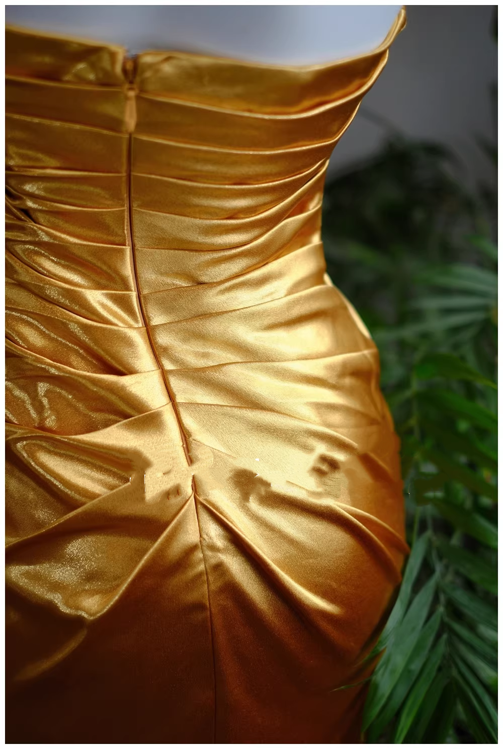 Vintage Strapless Gold Satin Ruched Evening Gown Beaded Prom Dress DP7978
