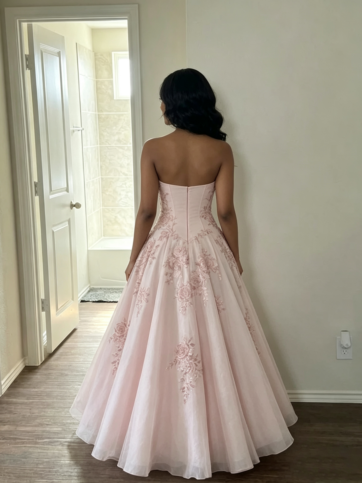 Gorgeous Pink Strapless Floral Lace Applique Sweet 16 Quinceanera Ball Gown  DP8629
