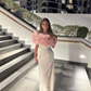 White and Pink Off Shoulder Mermaid Long Evening Party Dress, DP3155