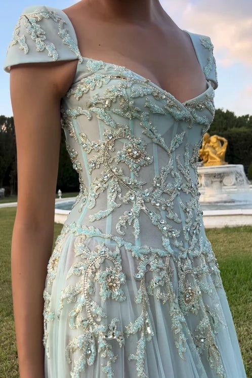 Glamorous Dusty Blue Embroidered Lace Prom Dress Tulle Beaded Evening Gown DP7914