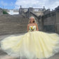 Elegant Strapless Yellow Tulle Prom Dress Lace Appliques and Train Sweet 16 Quinceanera Ball Gown DP8268