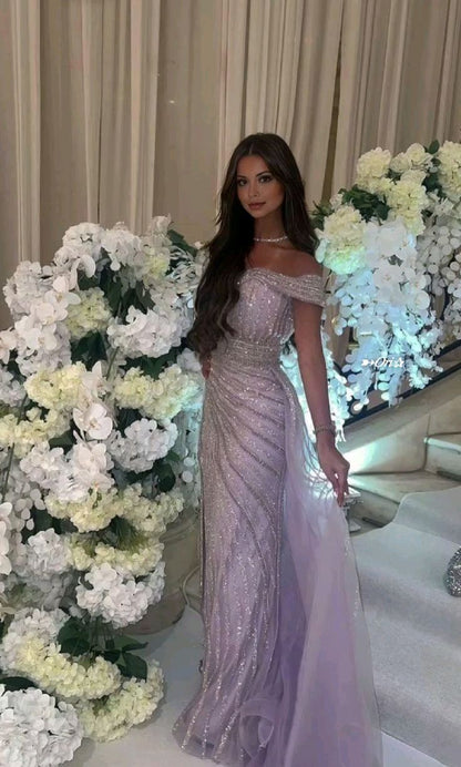 Chic Lilac Glittering Sequin Prom Dress Sheath Evening Dress Off-the-shoulder Party Dress Long Formal Dress DP6876