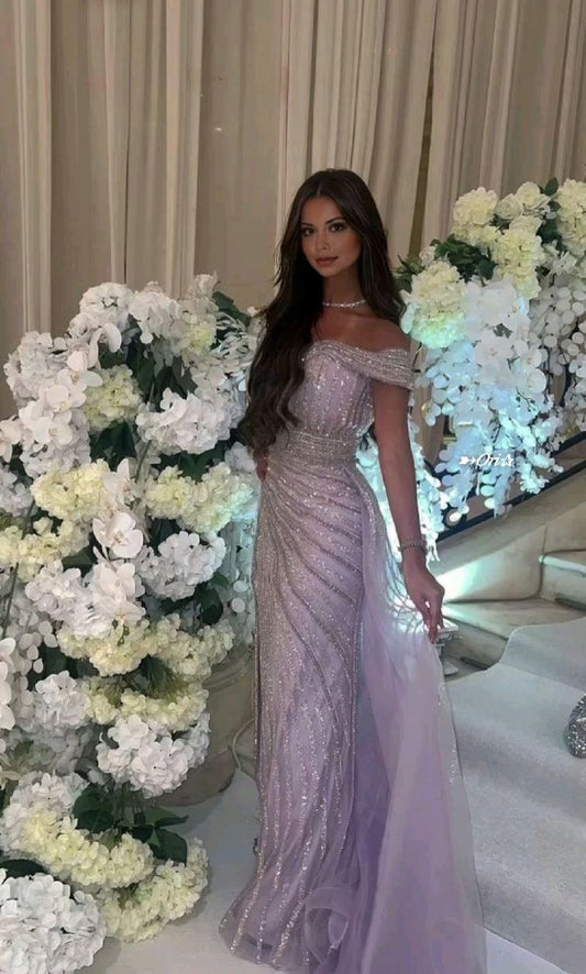 Chic Lilac Glittering Sequin Prom Dress Sheath Evening Dress Off-the-shoulder Party Dress Long Formal Dress DP6876