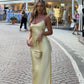 Vintage Satin Unterkleid Ballkleid mit Wasserfallausschnitt Spaghettiträger Abendkleid DP8356