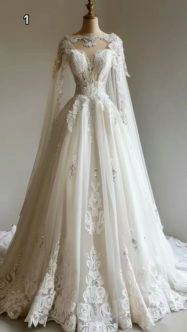 Elegant White Lace Ball Gown Sweetheart Wedding Dress with Sheer Cape Sleeves DP8165