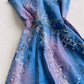 Vintage Blue Denim Sequin Applique Prom Dress A-Line Spaghetti Strap Evening Dress Long Formal Dress DP6670