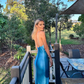 Elegant Blue V Neck Spaghetti Straps Long Wedding Guest Dress, DP3556