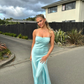 Light Blue Straps Lovely Satin Long Party Dress with Slit, DP2545