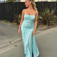 Light Blue Straps Lovely Satin Long Party Dress with Slit, DP2545