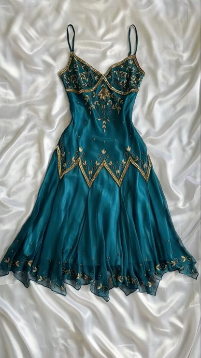 Charming Teal Satin Beaded Embroidery Spaghetti Strap Cocktail Dress Evening Gown DP3892