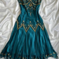 Charming Teal Satin Beaded Embroidery Spaghetti Strap Cocktail Dress Evening Gown DP3892