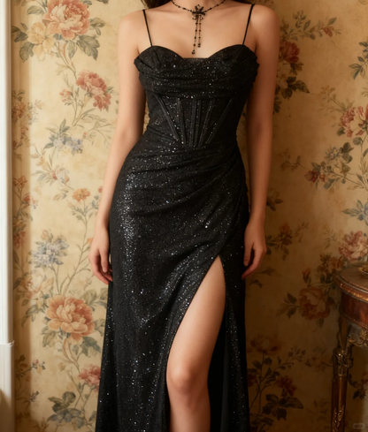 Glamorous Black Sequin Spaghetti Strap Bodice High Slit Prom Dress DP7645