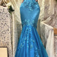 Elegant Ocean Blue Off-the-Shoulder Mermaid Satin & Embroidery Prom Dress DP8180