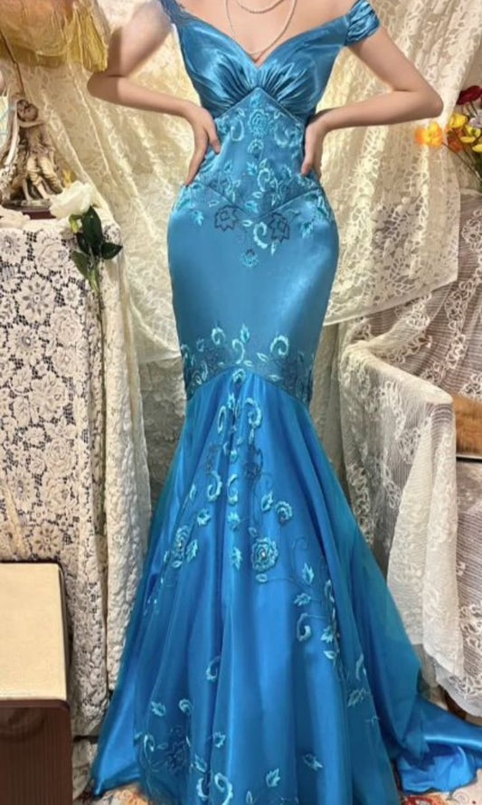 Elegant Ocean Blue Off-the-Shoulder Mermaid Satin & Embroidery Prom Dress DP8180