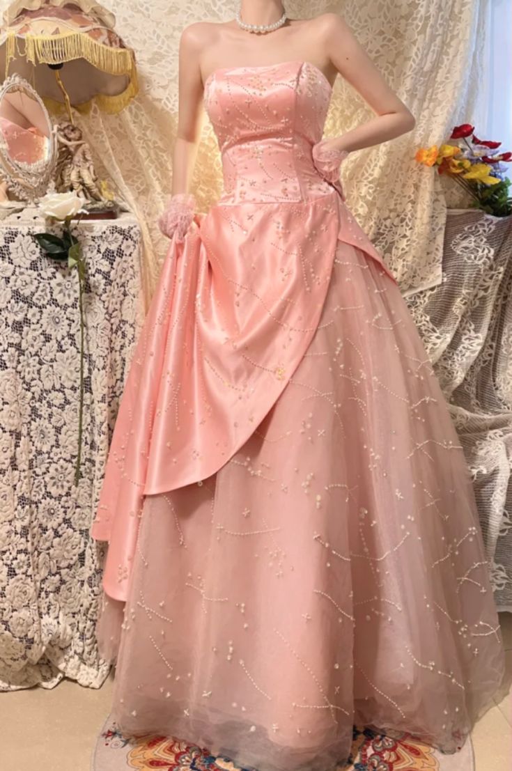 Robe de soirée rose romantique sans bretelles en satin et tulle perlé, coupe trapèze DP7926