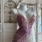 Sparkly Iridescent Pink Sequin Mermaid Evening Gown Floral Applique & Slit Prom Dress DP8298