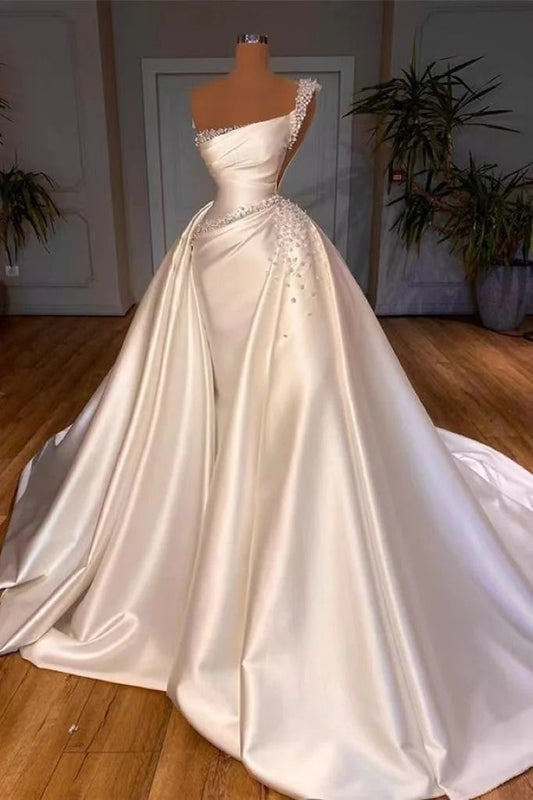 Traumhaftes, schulterfreies A-Linien-Brautkleid aus Satin mit Perlenverzierungen, Modell DP7037