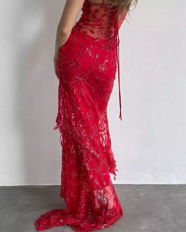 Red Spaghetti Straps Lace Beading Gorgeous Mermaid Evening Dress, DP2260