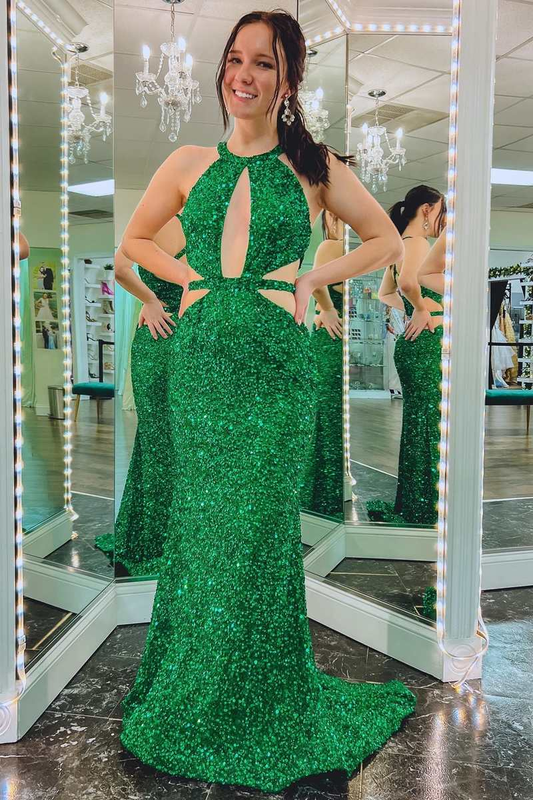 Green Sequin Keyhole Cutout Mermaid Long Formal Dress,DP047