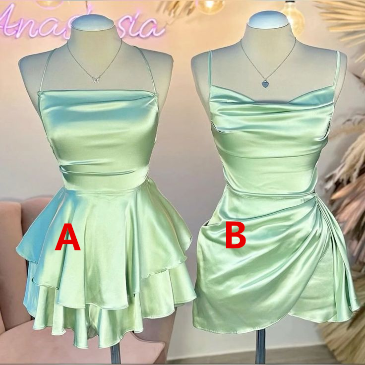 Mint Green A-Line Satin Cute Mini Summer Dress Homecoming Dress, DP3259