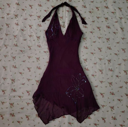 Dark Purple Halter Short Vintage Evening Dress Cocktail Dress, DP3409