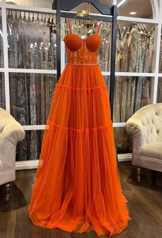 Burnt Orange Straps A-Line Tulle Long Prom Dress Wedding Guest Dress, DP3465