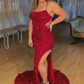 Burgundy Mermaid Lace-Up Back Sequins Long Prom Dress with Slit,DP034