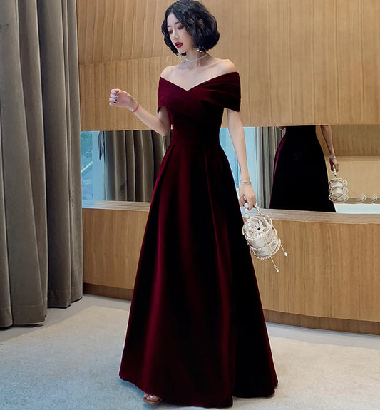 Vintage Burgundy Off-the-shoulder Velvet Design A-Line Evening Dress Prom Dress DP6131