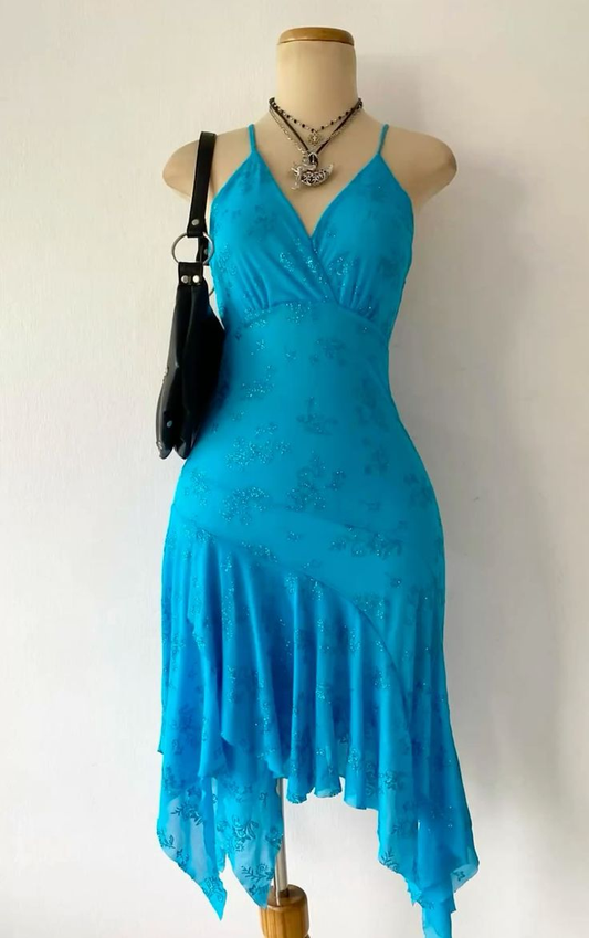 Blue Straps Sheath Chiffon Vintage Midi Party Dresses Cocktail Dresses, DP5661
