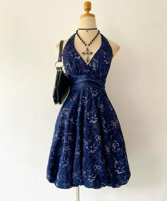 Navy Blue Halter A-Line Lace Vintage Midi Party Dresses Cocktail Dresses, DP5662