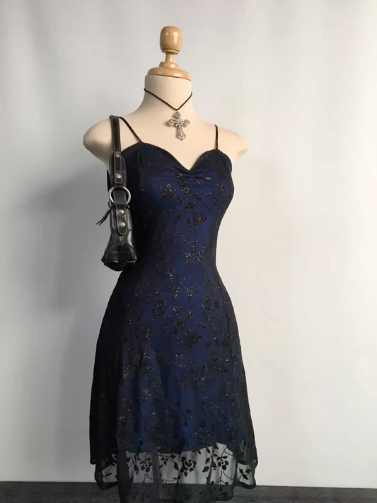 Navy Blue Spaghetti Straps A-Line Vintage Midi Party Dresses Cocktail Dresses, DP5663