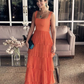 Orange Square Neck Tiered A-Line Backless Long Prom Dress, DP3717