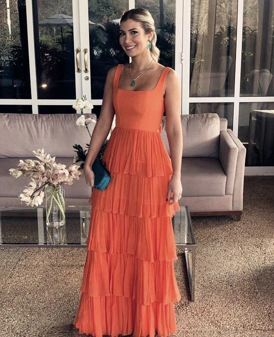 Orange Square Neck Tiered A-Line Backless Long Prom Dress, DP3717