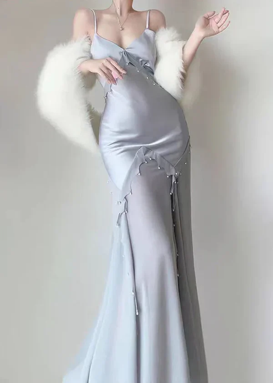 Light Blue Evening Dress Spaghetti Straps Mermaid Satin Long Party Dress, DP5363