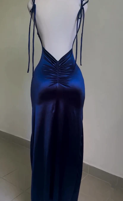 Royal Blue Straps Backless Satin Long Party Dress Evening Dress, DP2785