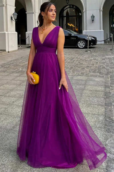 Dark Purple V Neck A-Line Tulle Long Formal Party Dress, DP3387