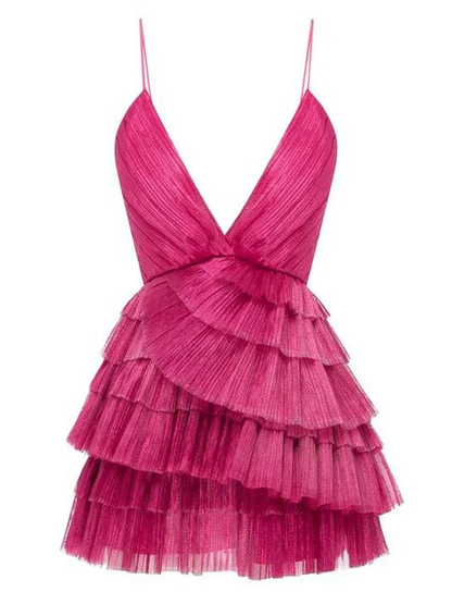 Fuchsia Straps V Neck Layers Short Party Dress Homecoming Dress, DP2900