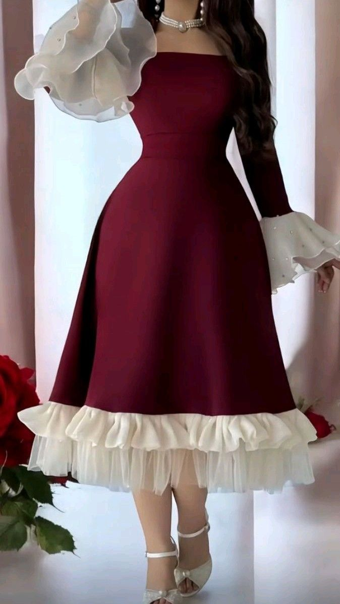 Elegant Burgundy A-Line Ruffles Midi Length Formal Party Dress Evening Gown, DP5184