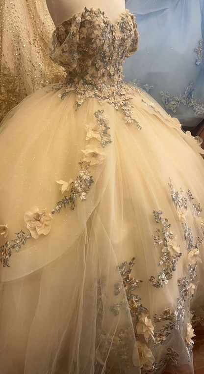 Champagne Off Shoulder Floral Appliques Evening Ball Gown Quinceanera Dress, DP3146