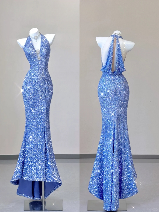Robe de soirée longue sirène à paillettes, élégante robe bleue à col en V et dos nu, DP3790