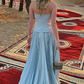 Light Blue Strapless A-Line Long Prom Dress Wedding Guest Dress, DP3173