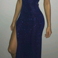 Royal Blue Halter Sexy V Neck Shiny Long Party Dress, DP3457