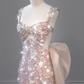 Shiny Pink Sequins Mermaid Long Prom Dress with Detachable Bowknot, DP3650