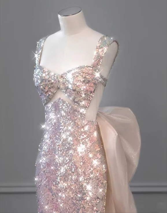 Shiny Pink Sequins Mermaid Long Prom Dress with Detachable Bowknot, DP3650