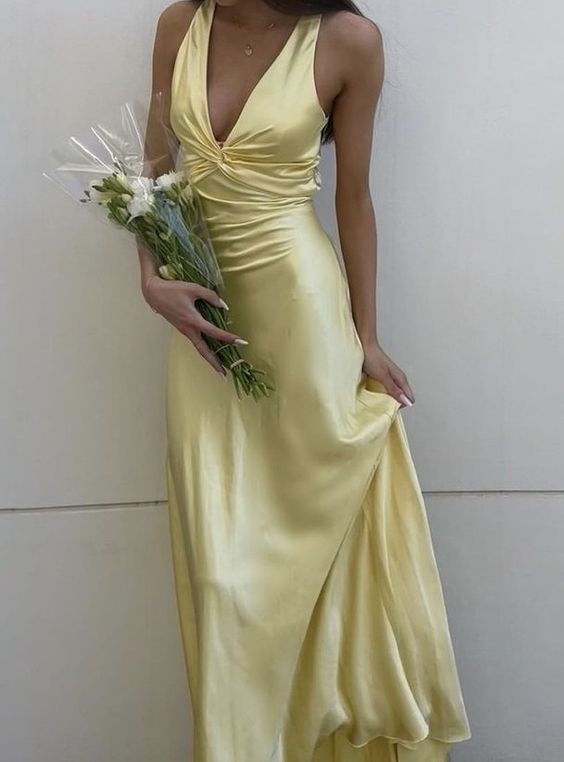 Yellow V Neck Backless Elegant Party Dress Wedding Guest Dress, DP2861