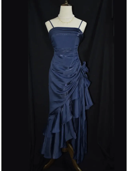 Dark Navy Straps Vintage Floral Asymmetrical Hem Long Prom Dress, DP3137