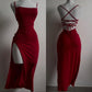 Charming Red Backless Sheath Ankle Length Evening Party Dress, DP3153