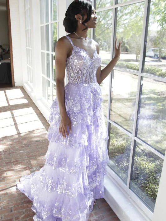 Lilac Straps A-Line Lace Tulle Long Formal Prom Dress, DP2814