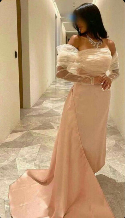 Light Pink Off Shoulder Tulle Elegant Long Evening Party Dress, DP3154