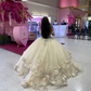 Champagne Off Shoulder Floral Appliques Evening Ball Gown Quinceanera Dress, DP3146